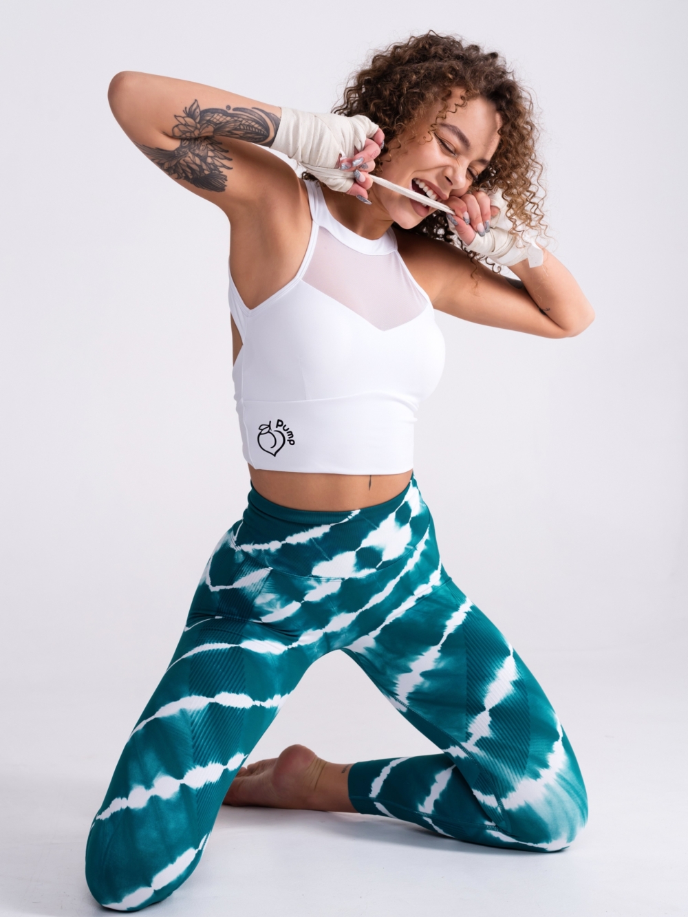 dámské fitness legíny s vysokým pasem zelené s bílými proužky