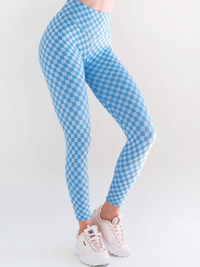 Efektowne niebieskie legginsy w kratkę z wysokim stanem