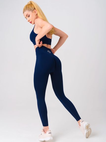 Women's sports set dark blue high waisted leggings and sports bra