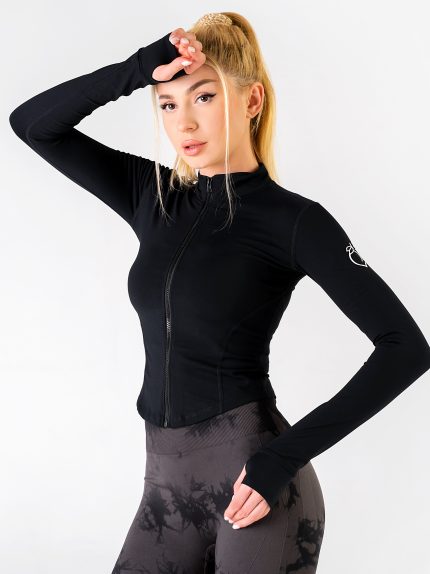 дамско спортно яке в черен цвят по тялото