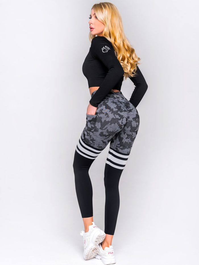 női sport leggings oldalsó zsebekkel szürke terepmintában