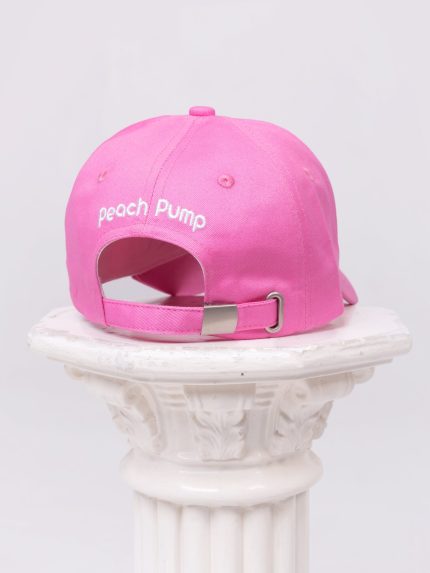 Pink sport cap with Peach Pump logo