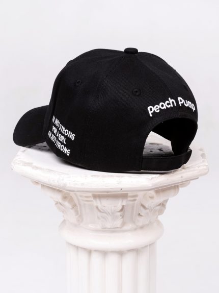 Black hat with embroidered Peach Pump logo