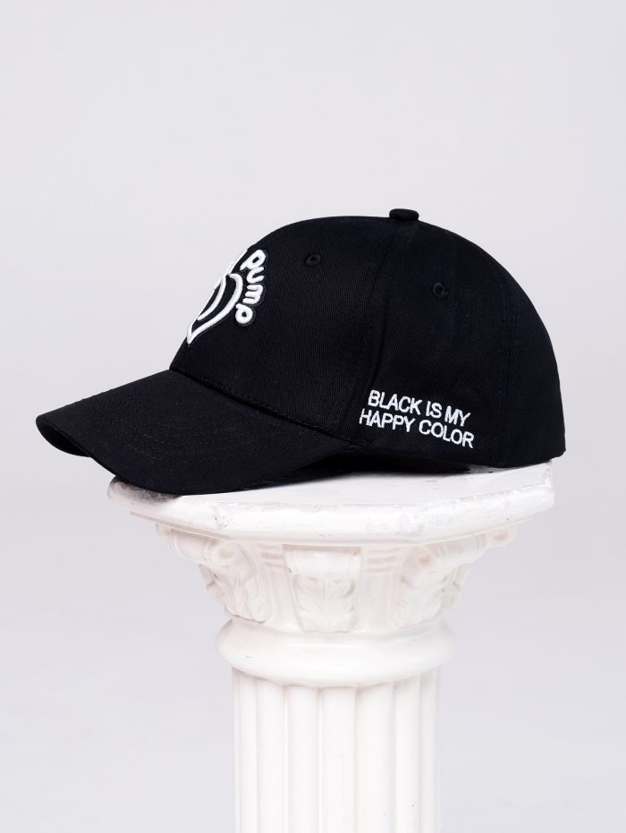 Black cap with visor and white Peach Pump logo