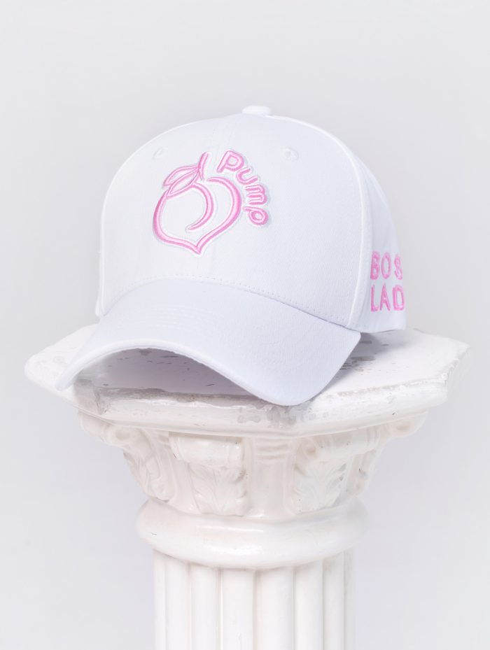 White cap with visor and pink Peach Pump logo