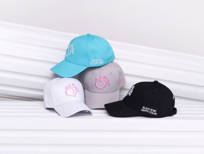 Peach Pump logo baseball caps - white, blue, grey and black