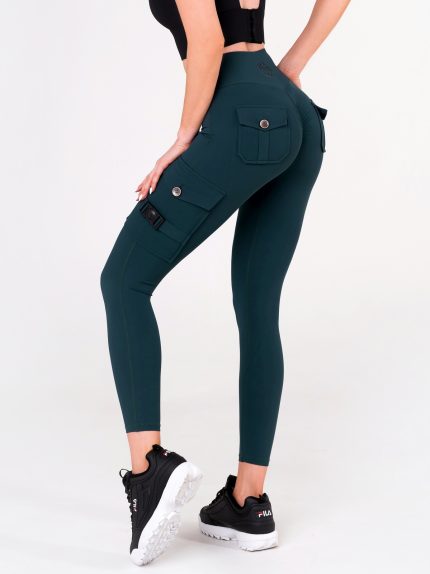 Fashionable dark green ladies sports leggings with pockets and buckle