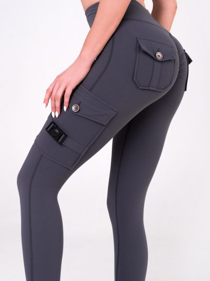 Dark grey women's leggings with pockets and buckle by Peach Pump