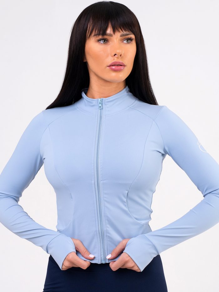 Light blue sports jacket on the body with thumbholes