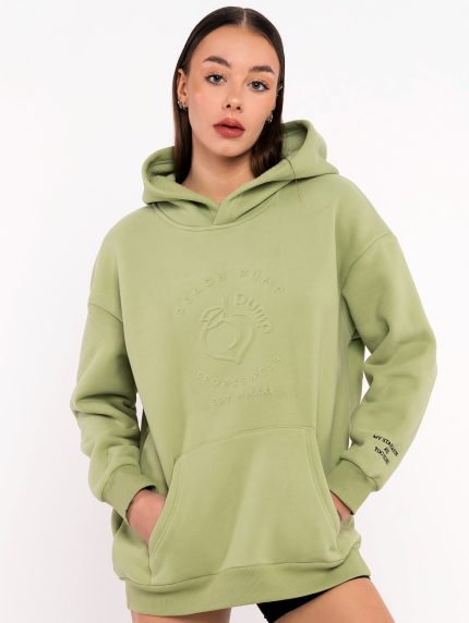 Debeli prošiveni džemper tipa "Hoodie" zelene boje sa spektakularnim otiskom i vezom