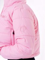 Puffer winter jacket in pink with "Peach Pump" embroidery on the shoulder and side zipped pockets