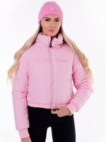 Baby pink puffer jacket with shorter cropped design by Peach Pump, warm and fluffy