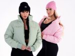 Modern baby pink winter jacket with zipper from Peach Pump, and green sports jacket