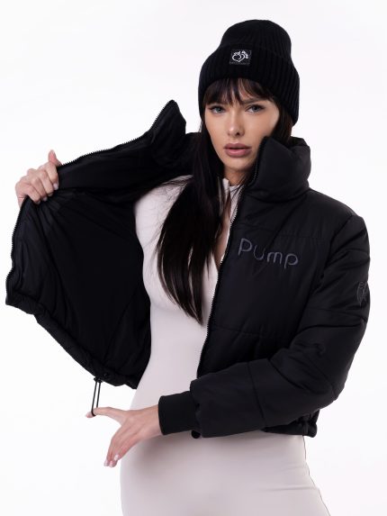 Cropped black puffer jacket from Peach Pump, short sporty design, high collar