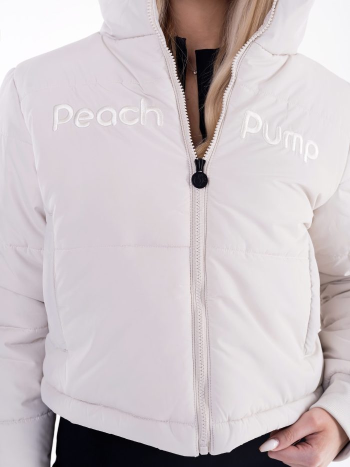 Light ivory grey sports jacket with "Peach Pump" embroidery on the front