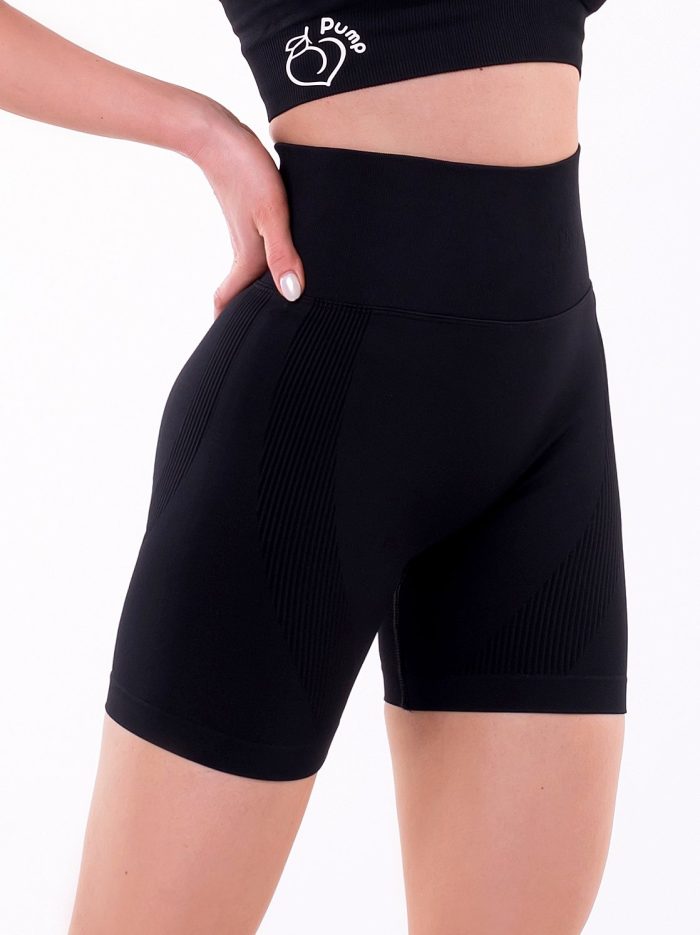 Black sporty short leggings with a high waist that shapes the silhouette like a peach