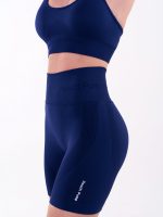 Dark blue sports set, leggings shorts and padded bra, made of seamless fabric