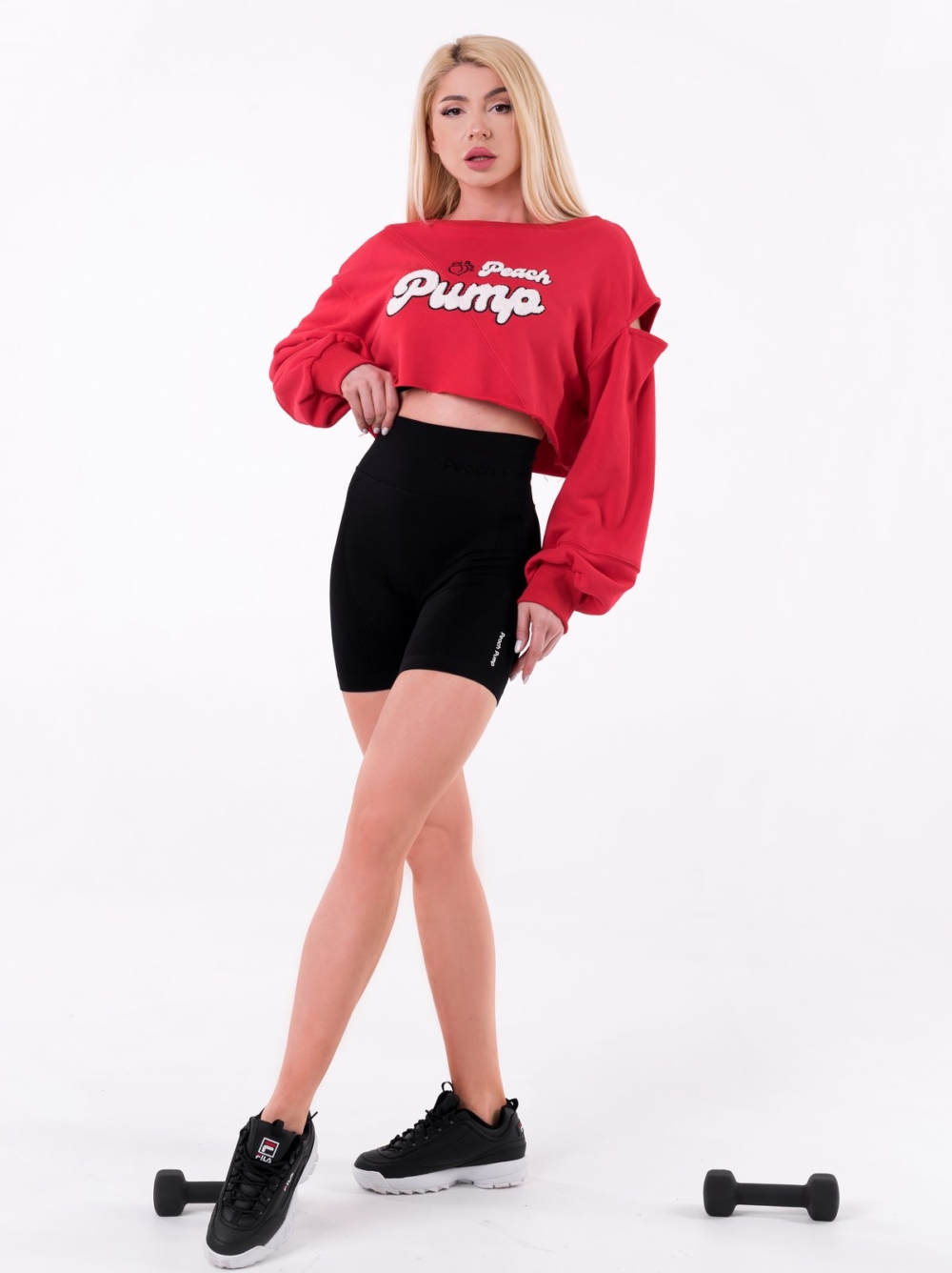 Red sporty fitness cropped sweatshirt with shoulder slit and wide sleeves