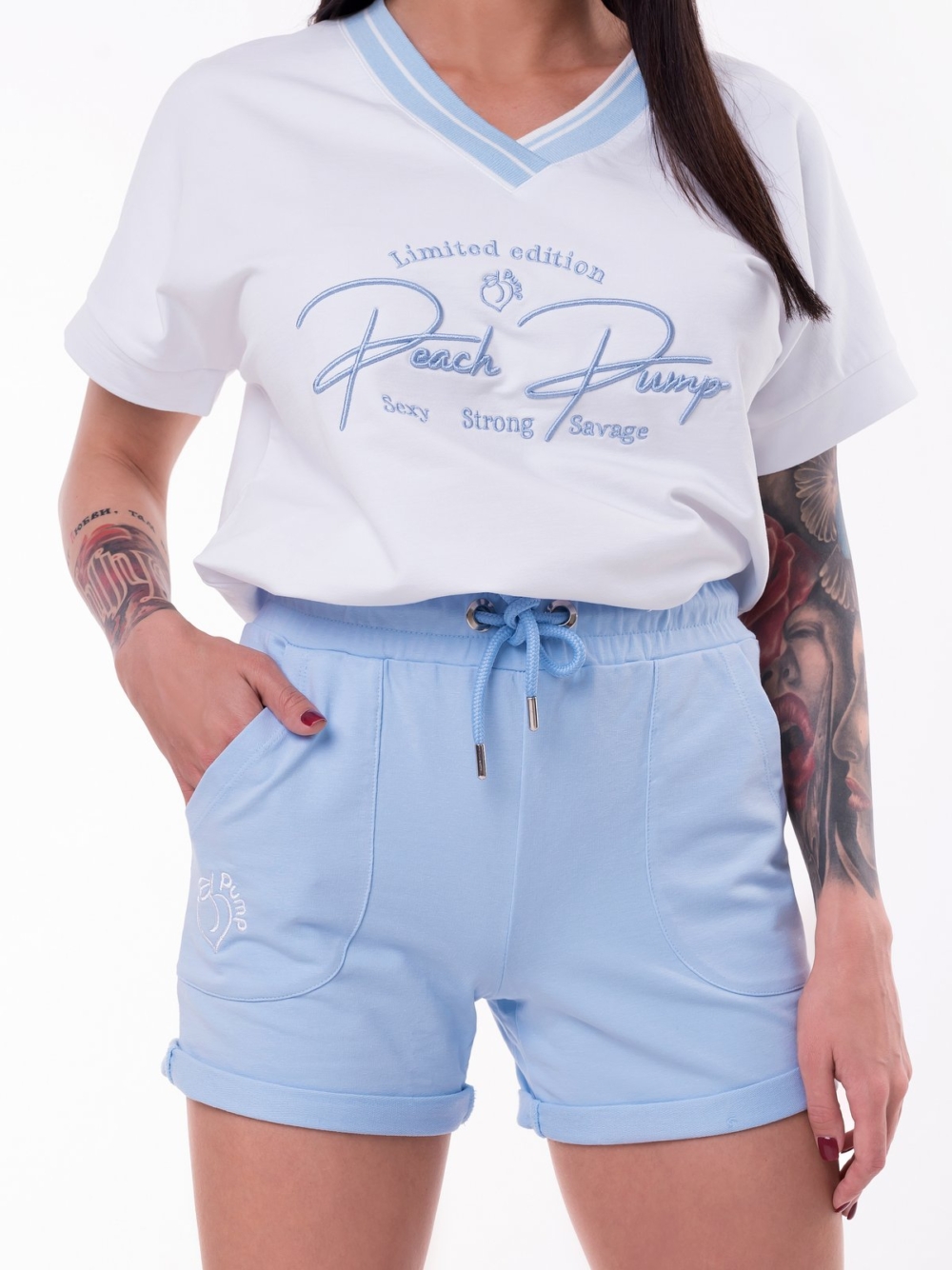 Baby blue women's sports set, white t-shirt with embroidery and cotton shorts with two side pockets
