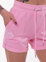 Pink sports set, shorts and white V-neck T-shirt with baby pink collar and embroidery Peach Pump.