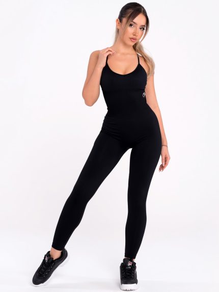 Black jumpsuit with thin straps and padding with a push-up that can be removed