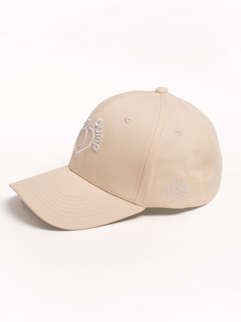 Modern beige baseball cap with white embroidered logo
