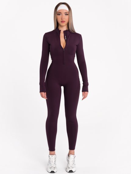 Dark Purple sports jumpsuit, type Catsuit, with fleece inside from Peach Pump