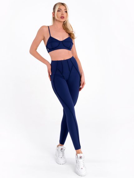 Dark blue sports set leggings and bustier with 3D inverted seams