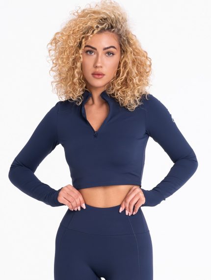 Dark blue short crop top with collar and zipper