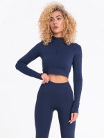 Women's dark blue crop top with collar