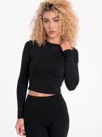 Crop-Top negru, mulat,la modă cu mânecă lungă