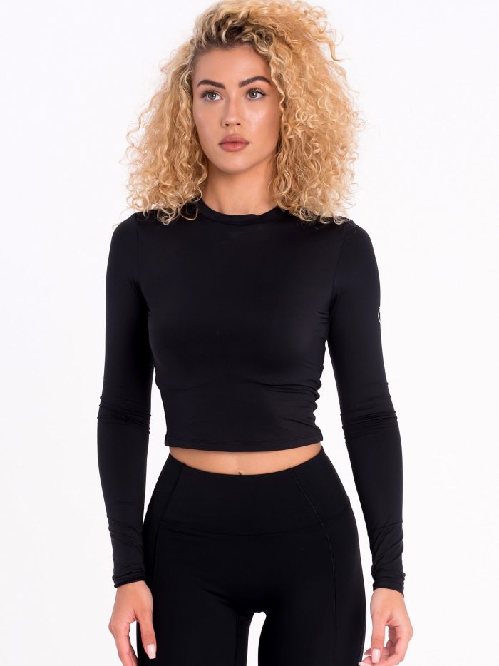 Crop Top sport negru cu mânecă lungă, mulat, de la Peach Pump