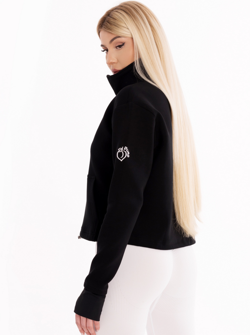 Modern black sweatshirt with high collar and embroidered logo on the shoulder