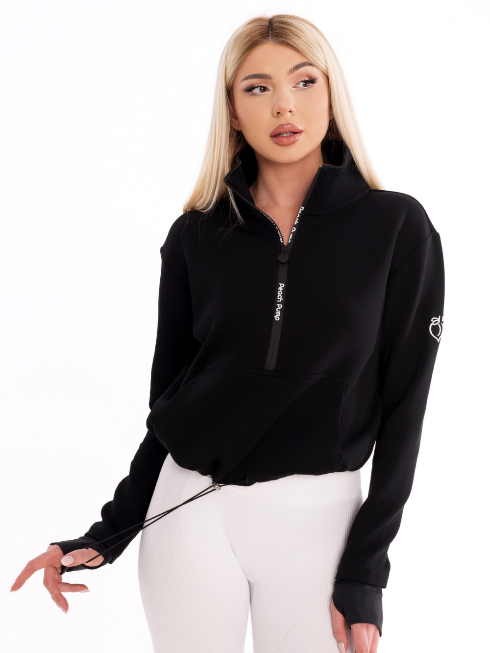 Women's sporty black sweatshirt with half zip and Peach Pump lettering