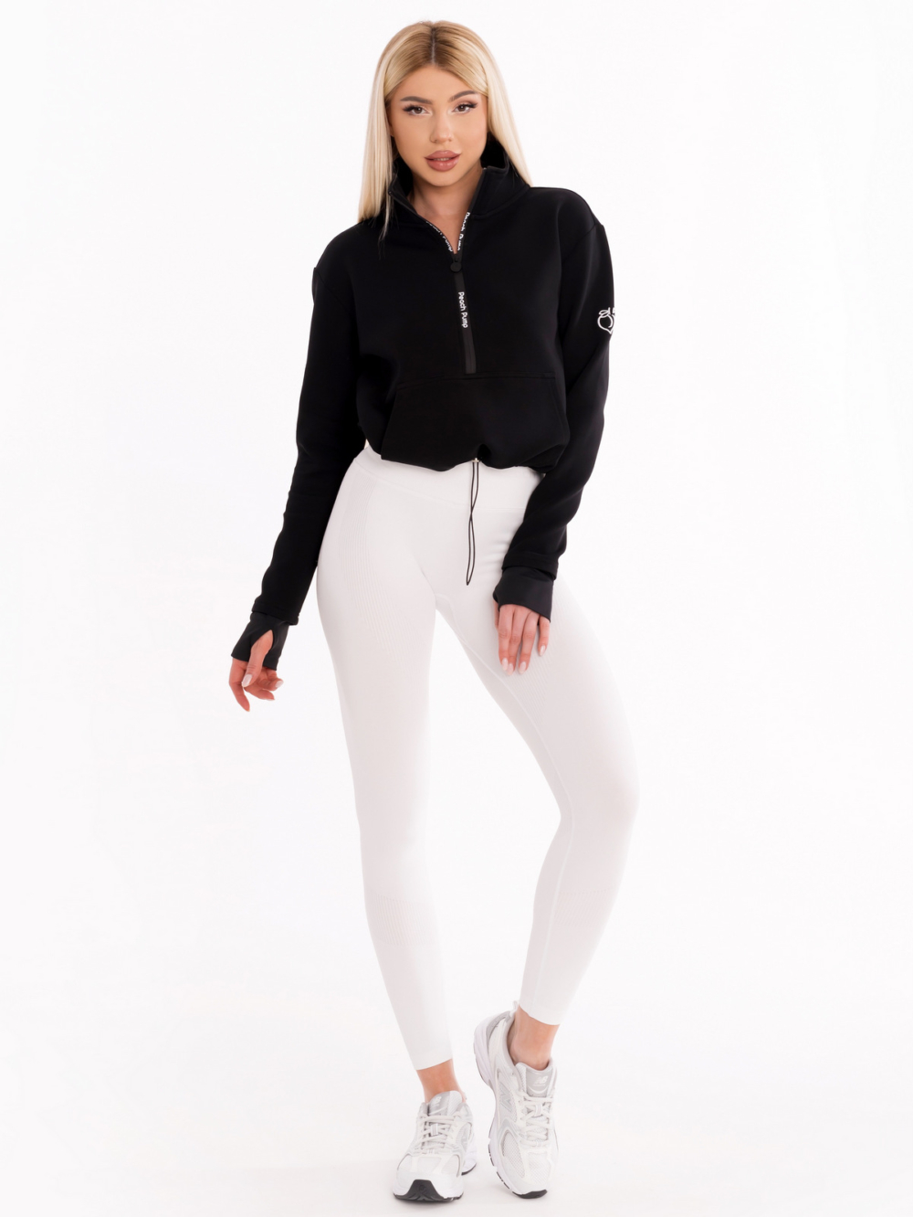 Modern black sweatshirt with high collar and zipper in the front