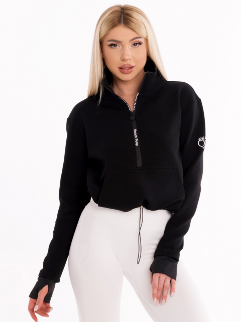 Women's sporty black sweatshirt with half zip and Peach Pump lettering