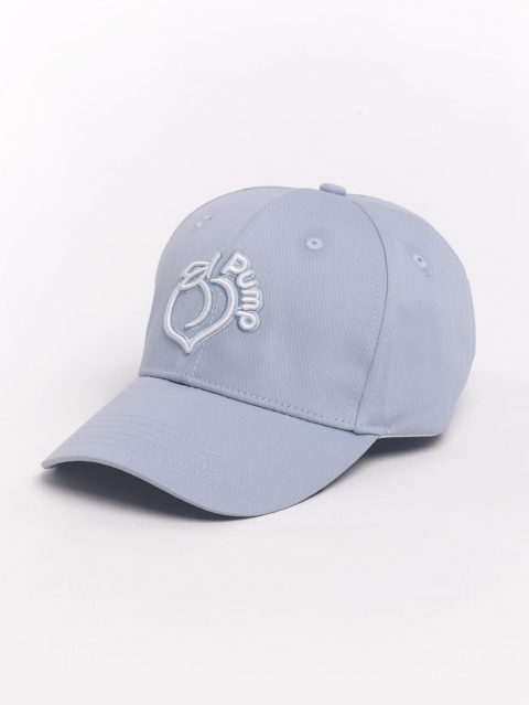 Blue-grey curved-brim sports cap with white Peach Pump embroidery