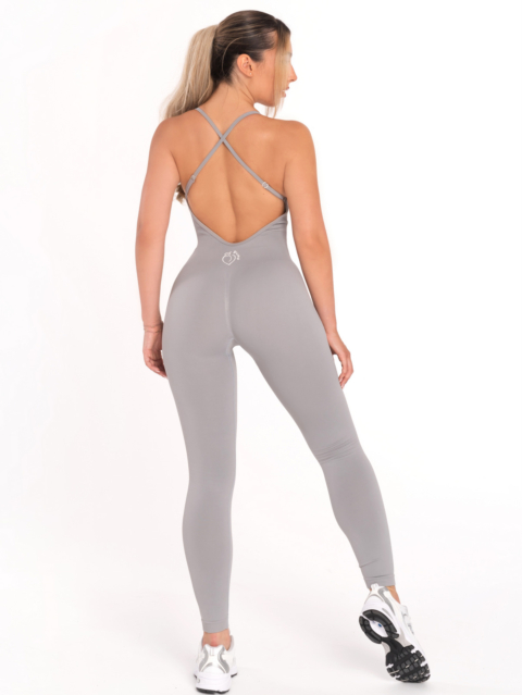 Grey Seamless Sports Jumpsuit with Adjustable Straps with thin straps that are adjustable