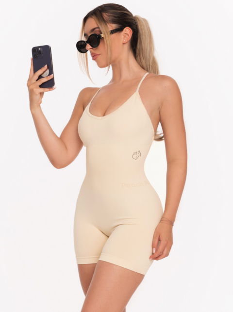 Beige Short Seamless Sports Jumpsuit for fitness with padded, removable and thin , adjustable straps