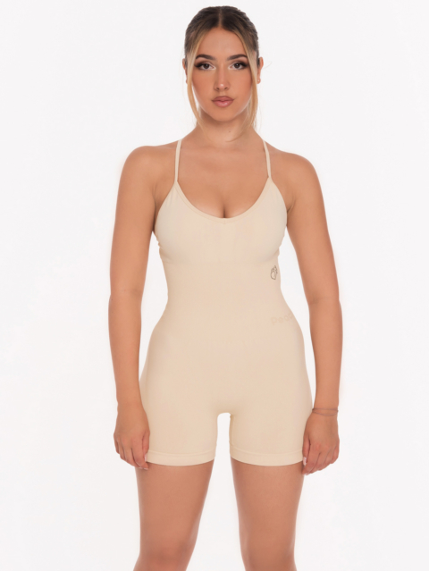 Seamless beige bodycon jumpsuit with thin straps and removable padding