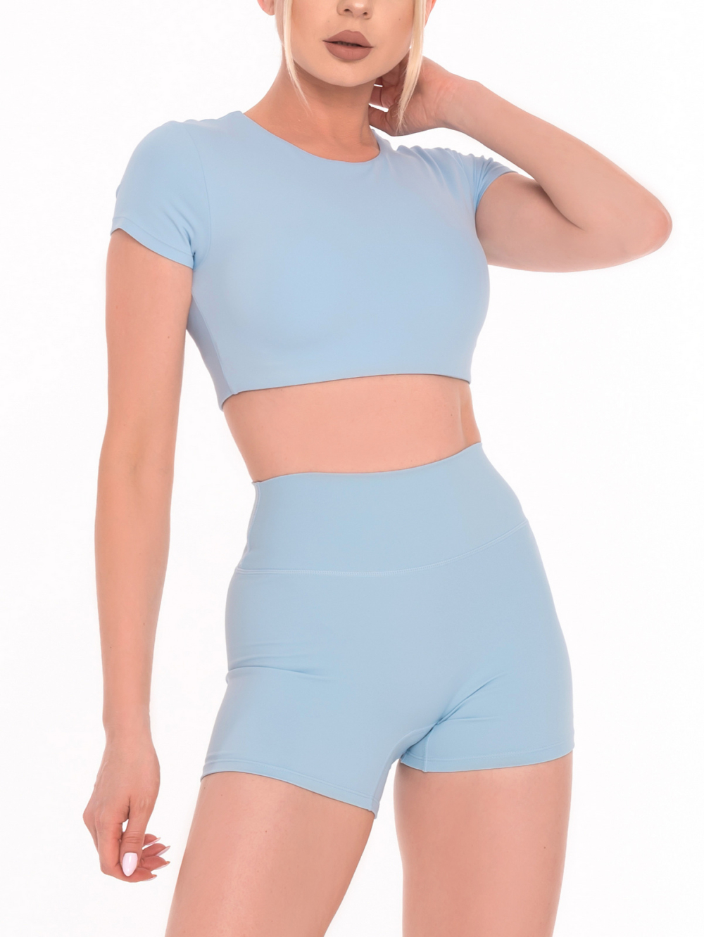 Модерен светло син дамски комплект от две части за фитнес