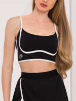 Black sports bra with white underbust trim and adjustable straps