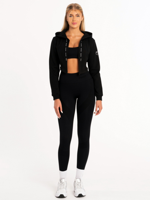 Black sports hoodie with front zip and oversized hood with drawcords