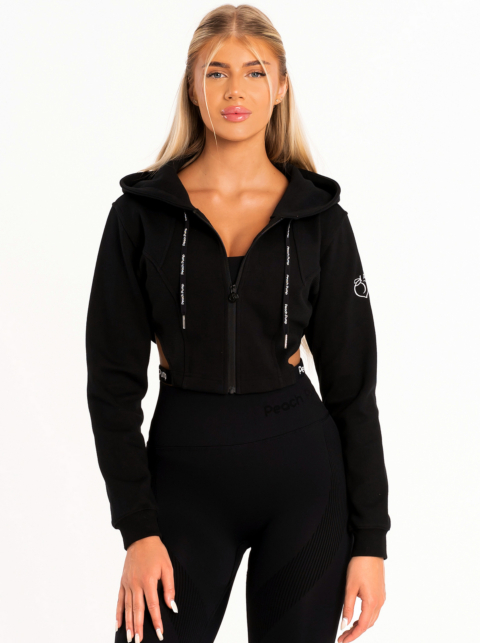 Cropped black Peach Pump cotton hoodie with zip and hood