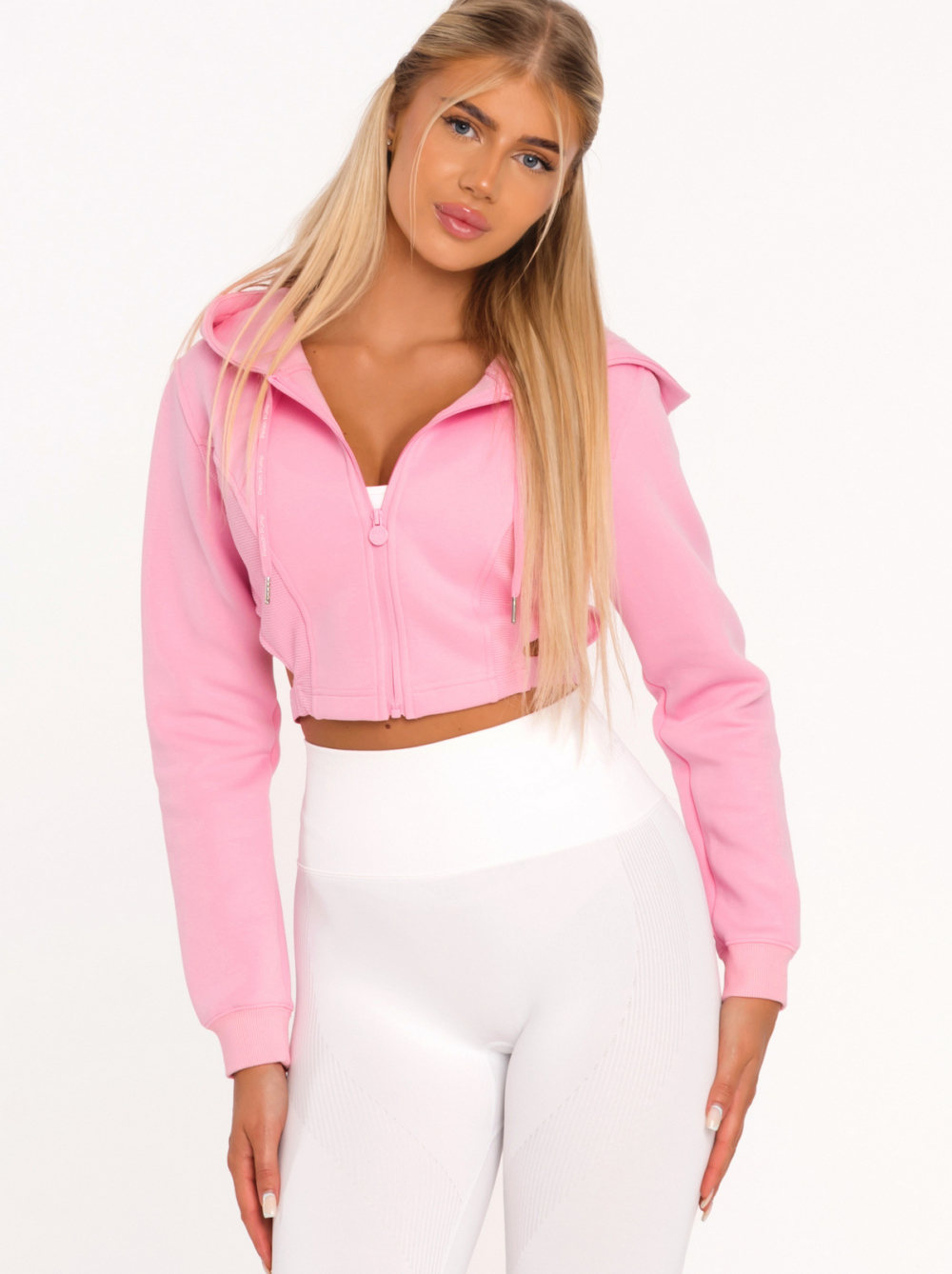 Cropped pink hoodie with zip and cotton hood