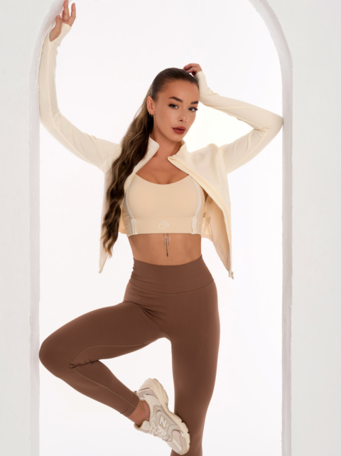 Modern beige sports bra with Peach Pump prints in beige