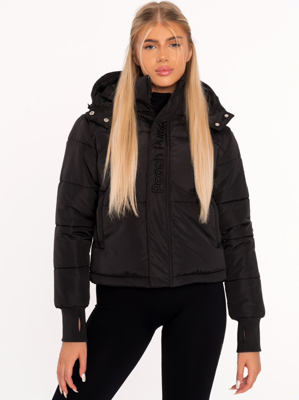 Black thick winter jacket with hood and front Peach Pump embroidery