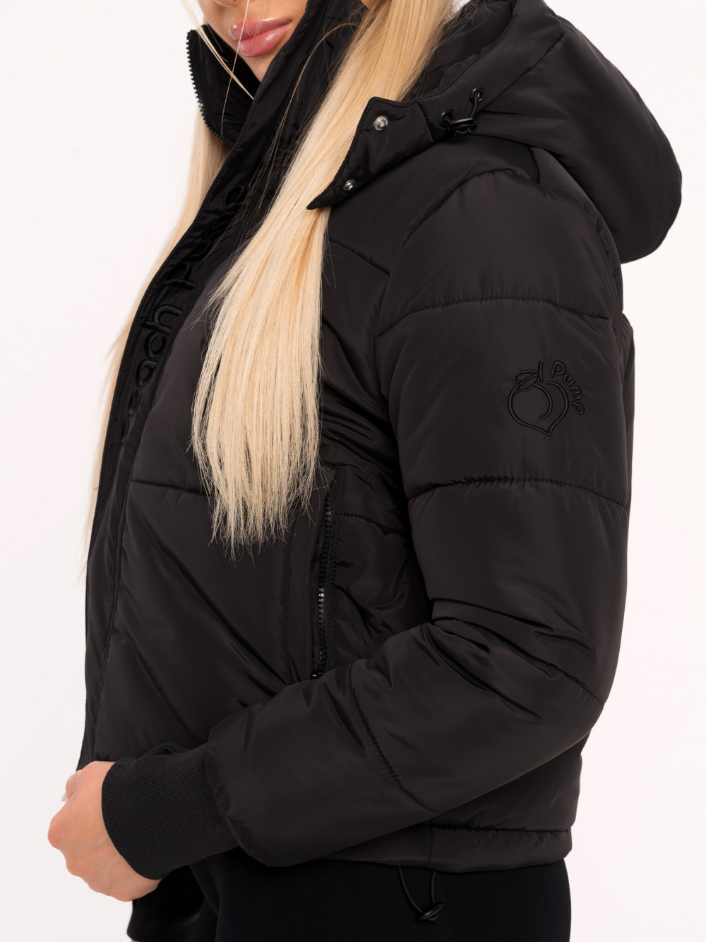 Black thick winter jacket with hood and shoulder Peach Pump embroidery