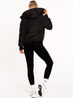 Black thick winter jacket with hood and Peach Pump embroidery on front and shoulder