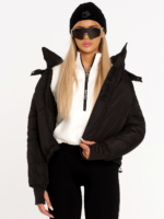 Modern thick black winter jacket with hood and Peach Pump embroidery
